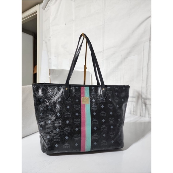 Authentic MCM Visetos Striped Shopper Tote Black - Picture 1 of 15
